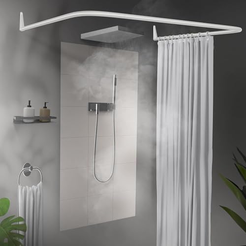 Erica U-shaped Shower Curtain Rail, Shower Curtain Pole 85x95x85 cm, Wall Mounted Shower Pole without Ceiling Mount, Shower Rail in White Powder Coated Steel, Curved Shower Rail, Made in Sweden