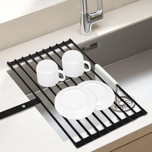Euqvunn Scolapiatti da Appoggio per Lavello, Pieghevole e Rimovibile Gocciolatoio, Grande, con Bordi in Silicone Antiscivolo e Cinturino, Organizer Cucina Tappetino Scolapiatti, 51x32cm, Nero