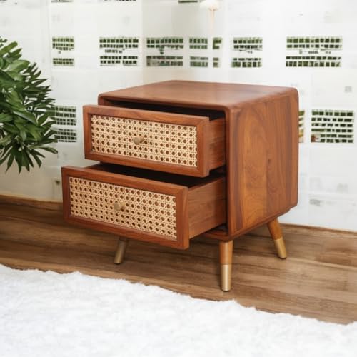 Image of MISAN Boston Solid Wood Bedside Table with Rattan Drawers Mid Century Night Stand for Living Room | Cane Mid Century Modern Side Table with 2 Drawers-Multipurpose use for Living Room, Bedroom (Hony)