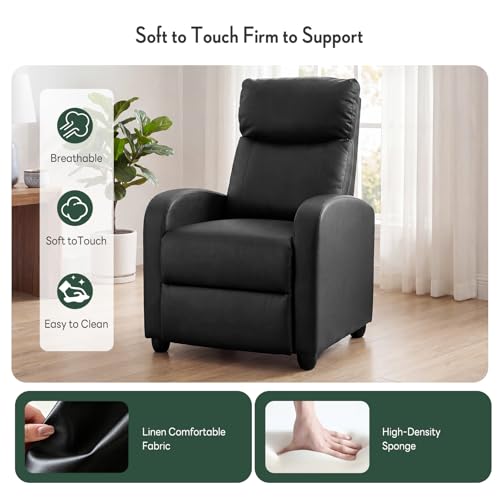 Image of Recliner Chair, Recliner Sofa PU Leather for Adults, Recliners Home Theater Seating with Lumbar Support, Reclining Sofa Chair for Living Room, Black