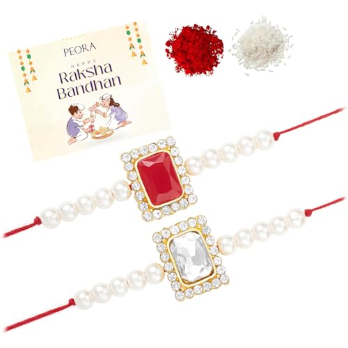 Image of Peora Rakhshabandhan Thread Rakhi for Brother Bhaiya | Kundan Beads & Crystal Studded | Combo Set of 2 | Rakhi Hamper Roli Chawal & Greeting Card