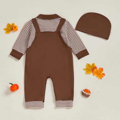 Baby Boy Thanksgiving Outfit Bubble Romper Lapel Waffle Striped Long Sleeve Onesie Turkey Overalls Pants Set Hat4