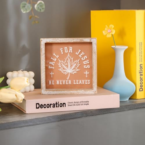 Image of Embossed Orange Fall Leaf Sign, Farmhouse Autumn Decorations, Wooden Fall Tiered Tray Decor for Shelf Cubicle Desk Mantel, Rustic Thanksgiving Table Decor