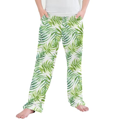 Green Leaves Long Pajama Pants Elastic Waist PJ Bottoms with Pockets S A111097