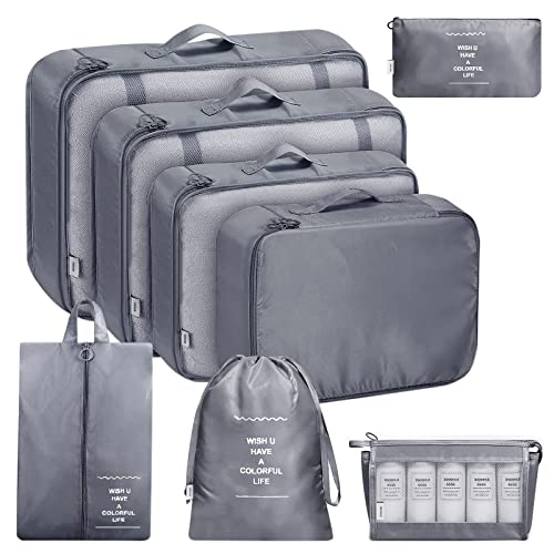 8 Teilige Packing Cubes, Kleidertaschen, Koffer Organizer für Urlaub und Reisen, Packwürfel Set Reise Würfel, Ordnungssystem für Koffer - Grau