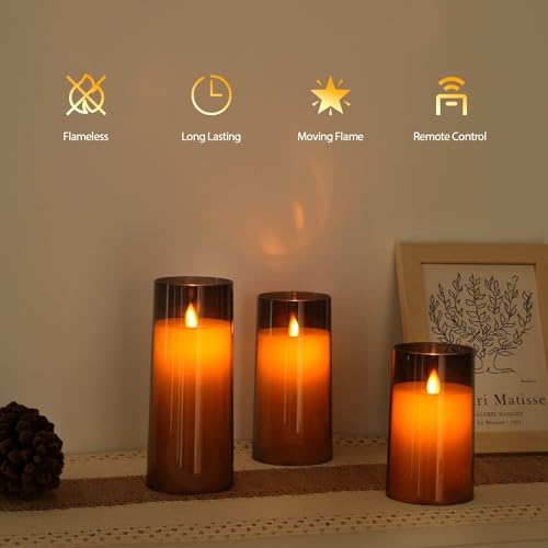 Image of LTETTES Flameless LED Electric Candles with Acrylic Grey Glass and Dancing Faux Wick | Set of 3-4 inch,5 inch,6 inch x 3 inch Diameter| AA Battery Powered with Remote Controller and Timer for Home Decor