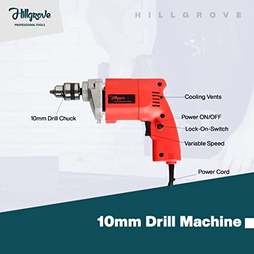 Image of Hillgrove HGCM712M2 With All Purpose 10mm Drill Machine with 9Pcs All Type Drill Bits for Making Holes in Metal /Wood /Concrete Pistol Grip Drill