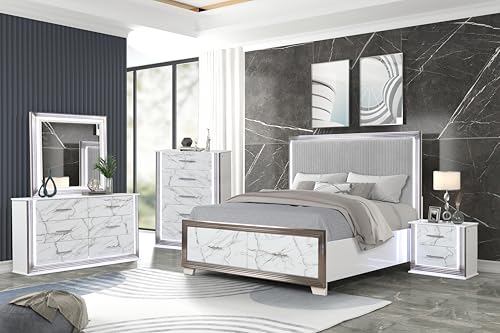 King 5-Piece Bedroom Set – LED Upholstered Bed, Marble-Fronted Storage