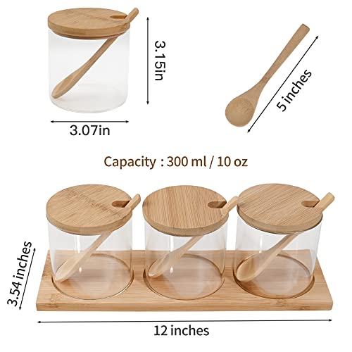 Clear Glass Jar Condiment Canisters Pots 3 Pcs Set, Decorative Storage Seasoning Glass Condiment Containers With Lids Bamboo Spoon Lid And Base For Home Kitchen Café Storing Salt Sugar Pepper Spice #TOP3