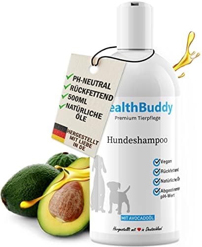 HealthBuddy Premium Hundeshampoo [500ml] mit natürlichem Avocadoöl | Made in Germany, Gegen unangenehme Gerüche, Für empfindliche Haut und Fell, Wirkt rückfettend, Hilft gegen Juck