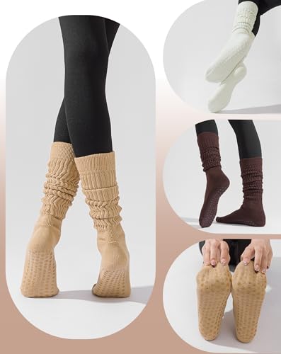 Image of Yawlsow Slouchy Pilates Socks with Grips for Women Scrunch Yoga Grippy Non Slip Long Socks for Barre Workout Hospital
