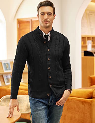 Coofandy Men's Long Sleeve Cardigan Sweater Stand Collar Business Casual Sweater Button Down Sweater Black #TOP1