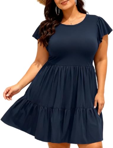 Navy Blue Dress for Women Plus Size Sundress Casual Summer Tiered Babydoll Short Cute T Shirt Sun Dresses with Pockets