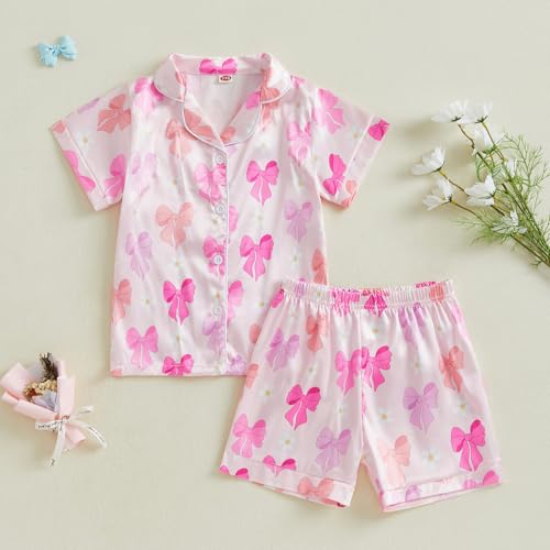 ZAXARRA Kid Girl Summer Pajamas Set Bow Print Lapel Short Sleeve Button Down Tops with Shorts Satin Sleepwear2