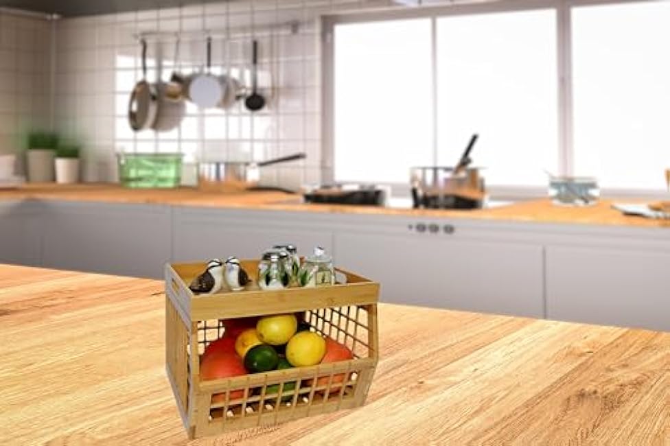 Bamboo Storage Bin - Multipurpose, Stackable Open Front Storage Bin with Bamboo Serving Tray Lid for Kitchen & Pantry - Stylish Lattice Design