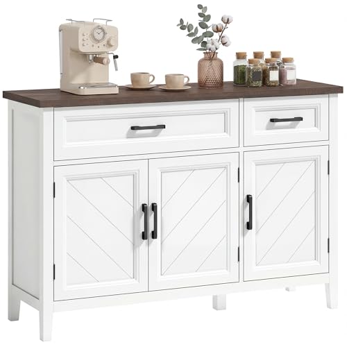 HOMCOM Aparador Salón, Mueble de Almacenamiento con 3 Puertas de Chevron, 2 Cajones y 2 Estantes Regulables, Estilo Rústico, Aparador Comedor y Cocina, 110 x 35 x 80,5 cm, Blanco