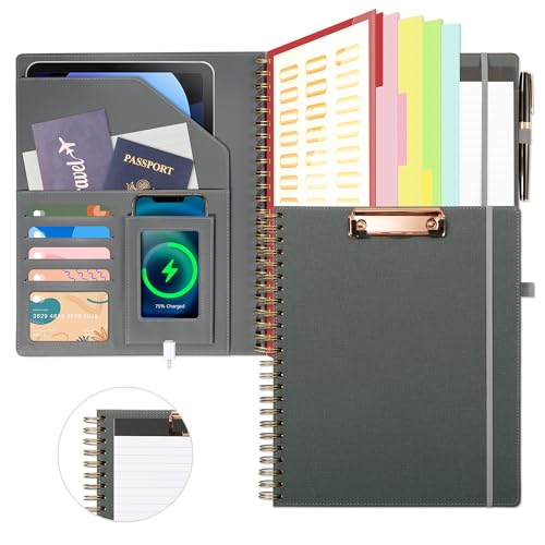 Image of Ospelelf Clipboard with Storage for Men Women, Leather Padfolio Portfolio Organizer 5 Folders with 10 Pockets, Spiral Clipboard Folio with Notepad for Letter Size, Elastic Closure and Pen Loop Grey