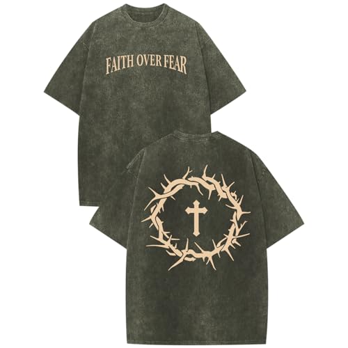 Hiehiety Mens Faith Over Fear Christian Shirts Jesus God Religious Bible Verse Cross Tshirt Oversized Acid Wash Graphic Tees (Army Green,3XL)
