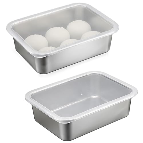 SUMTree 2 Stück Pizzaballenbox aus Edelstahl Pizzateig Box mit Deckel Pizza Gärbox für Sauerteig, Kuchen, Brot, Obst, Salat, Fleisch, Reste Mehrzweck Teigbox für Sommerparty, Grillparty (36x27x10 cm)