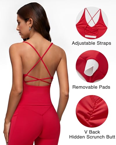 RXRXCOCO Strappy Back Workout Sets for Women 2 Piece Padded Tank Tops Hidden Scrunch Butt Lifting Leggings with Pockets3