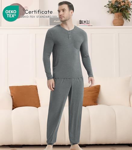 Image of NACHILA Mens Pajamas Set Long Sleeve Henley Sleepwear Top Soft Jogger Pants Pajamas Cool Pjs Set,Viscose Made from Bamboo