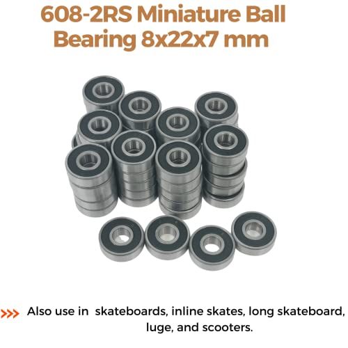 608 2Rs Bearings, 50 Pack 608 Bearing, 8X22X7Mm Rs Ball Bearing Grease Seal Assembly Roller Skateboard Bearings, 8Mm Small Bearing, Double Rubber Sealed Miniature Deep Groove Ball Bearing #TOP1