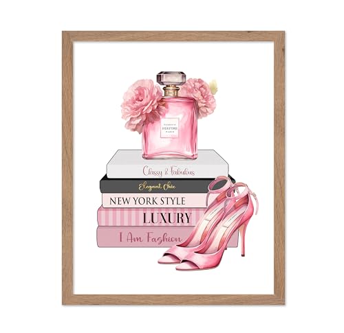 Image of Poster Master Fashion Print - Pink Designer Poster - Shoes & Perfume Art - Chic Gift for Her & Fashionista - Luxury Haute Couture Decor for Bedroom or Girl's Room - 16x20 Beige Framed