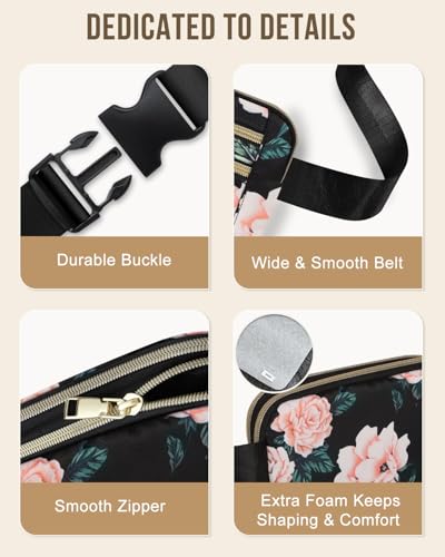 Image of Capolo Fanny Packs for Women 4 Zip Pocket Crossbody Belt Bag Waist Bags | Waterproof,Fashion Waist Pack,Crossbody Bags for Women,with Adjustable Strap,for Workout,Running,Traveling(Black Flower,L)