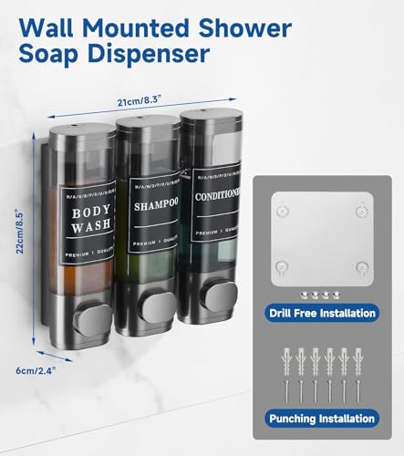 Image of Cabo Deseado Shower Soap Dispenser Wall Mounted No Drill Shampoo Dispenser for Shower Wall Shampoo and Conditioner Dispenser Bathroom Hotel 3 * 350ml Gungray with Labels