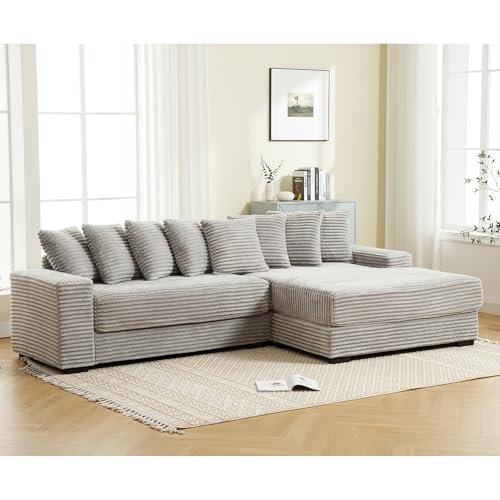 JUSTONE 111\'\' Modern Sectional Sofa Cloud Couch for Living Room, L Shaped Sofa, Corduroy,Right Chaise Daybed with Armrests,Eight Throw Pillows,Easy to Assemble,Gray