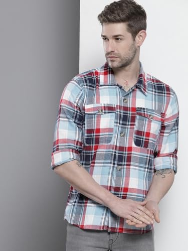Image of The Indian Garage Co Men Regular Fit Checkered Full Sleeves Spread Collar Double Flap Pocket Casual Over Shirt