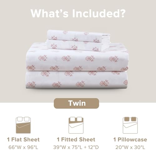 Comfort Spaces 100% Cotton Sheets Twin, Breathable, Naturally Cool Cotton Sheets, Soft Cotton Bed Sheets with 12" Elastic Pocket Fits up to 14" Mattress, All Seasons Sheet Set, Floral Pink 3 Piece