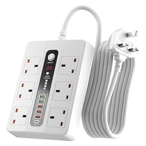 3M/9.84FT Extension Lead with USB Slots,6 AC Way with 5 USB+1 USB-C Slots,Extension Cable Surge Protected,1-24 Hour Timer,Power Strip UK Multi Plug Adapter Electrical Cords for Home and Office (White)