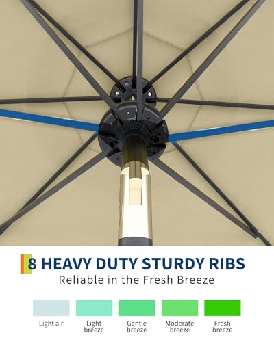 10 Ft Patio Umbrella with Solar Lights, 8 Ribs Outdoor Market Table Umbrella with 40 LED Lights & Tilt Crank for Pool, Deck, Backyard, Beige