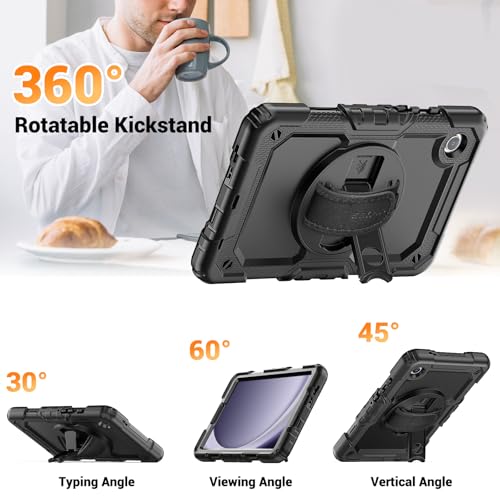 SEYMAC Case for Samsung Galaxy Tab A9 8.7 inch 2023, Shockproof Protective Galaxy A9 Tablet Case With Screen Protector/Hand Strap/Rotating Stand/Shoulder Strap, SM-X110/SM-X115/SM-X117 Case, Black - Image 4
