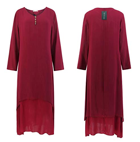 R.Vivimos Women Long Sleeve Cotton Casual Loose Plus Size Irregular Long Dresses (XL, Wine Red)