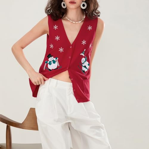 Image of Christmas Vest for Women Reindeer Santa Snowman Embroidery Sweater Sleeveless Ugly Xmas Knit Tank Top