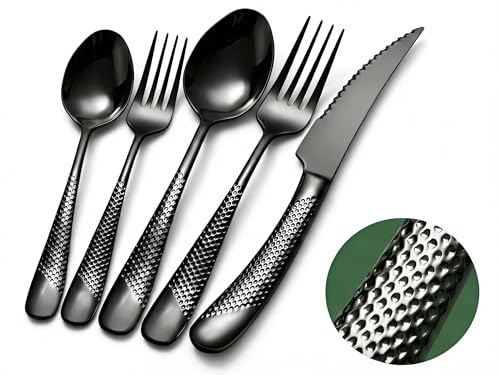 Chuleno 20-Piece Modern Black Hammered Silverware Set with Sharp 2-IN-1 Serrated Knives, 18/10 Stainless Steel Flatware Set Service for 4, Ergonomic Cutlery for Home & Gift