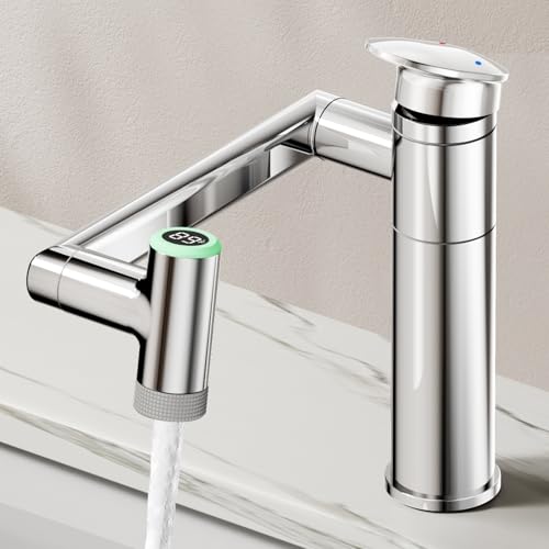 HOWUWEY 1080 Rotatable Single Hole Bathroom Vanity Faucet with Temperature Display Height Adjustable Single Lever Bathroom Sink Faucet 1 Hole LED Basin Faucet with Color Change (Chrome)