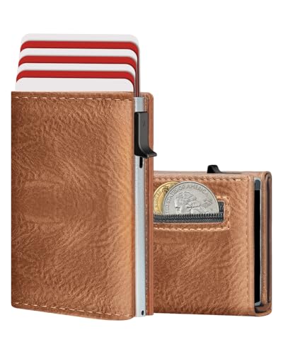 Wallet for Men with RFID Blocking, Minimalist Smart Credit Card Holder with Pop-Up Mechanism, Holds 12-14 Cards, Slim Wallet Includes Coin Pocket & Cash Slot, Genuine Leather, Gift for Men, Brown