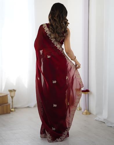 Image of SIRIL Women's Tissue Silk Sequence Embroidery Saree with Unstitched Blouse Piece