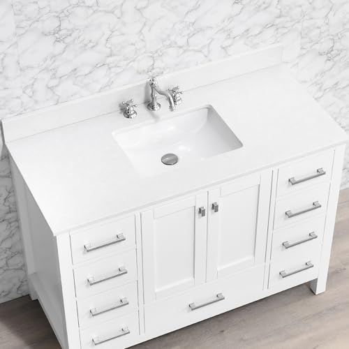 EQLOO 48 Inch Solid White Vanity Sink Top, Engineered Stone Vanity Top with Rectangular Undermount Ceramic Sink, 8 Inch Widespread Faucet Hole with Backsplash Countertops for Bathroom