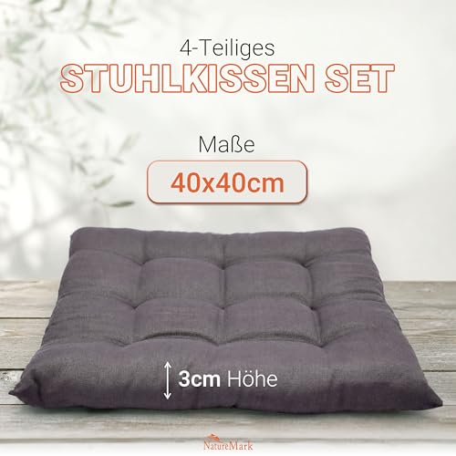 NatureMark 4er Set Stuhlkissen mit Bändern 40x40 cm – Gefüllte Sitzkissen, Outdoor & Indoor – Anthrazit Grau – Ansicht 2