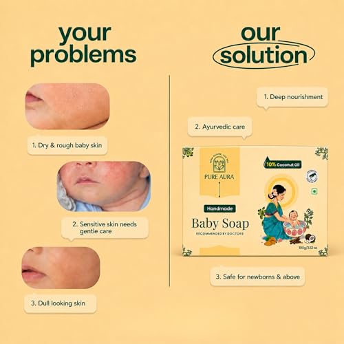 Image of Pure Aura Handmade Baby Soap Pack of 2 (100g Each) - Doctor Recommended Baby Soap with Coconut Oil, Shea Butter & Jojoba Oil | Chemical-Free Care for Sensitive Skin