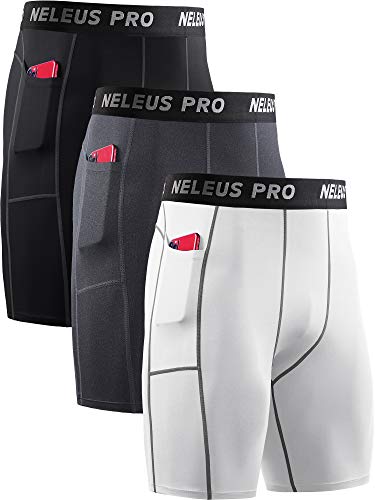 NELEUS Men's 3 Pack Compression Shorts with Pockets Quick Dry Athletic Running Shorts,6087,Black/Grey/White,M