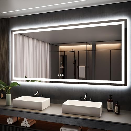 ISKM LED Mirror for Bathroom Lighted Vanity Mirror for Wall Front Lights + Backlit LED Bathroom Mirror Anti-Fog Tempered Glass ETL Listed (Front and Backlit, 77''L x 36''W)