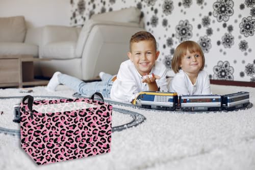 Image of Essme Rectangular Baskets,Pink Storage Basket with Handles for Room Decor, Leopard Print Box,Cute Storage Bin(Pink leopard print)