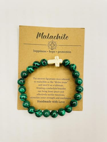 Yecomsy Christian Bracelet Cross Beaded Bracelets Jewelry Natural Healing Stone Inspirational Faith God Stretch Bracelet Religious Jewelry-Green Malachite thumb #1