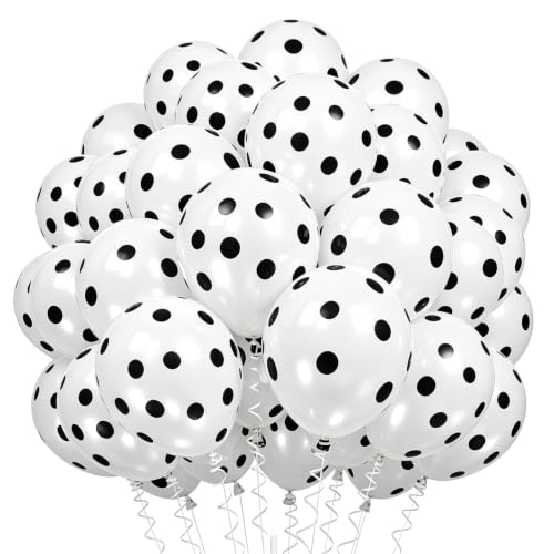 Image of TONIFUL 100 Pack White Balloons 12 Inch Polka Dot Latex Balloon Black Dots on White for Bachelorette Birthday Wedding Baby Shower Graduation Party Decorations