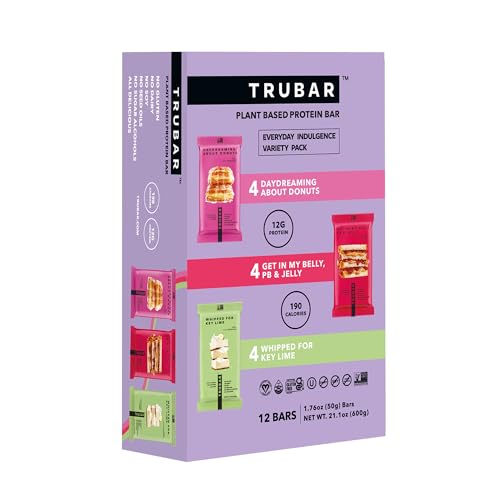 Image of TRUBAR Vegan Protein Bar Variety Pack, Assorted Flavors, Donuts, PB & Jelly, Key Lime, Gluten Free, Vegan Protein Snacks, 12G Plant-Based Protein, High Fiber, Healthy Protein Bars, 12 CT